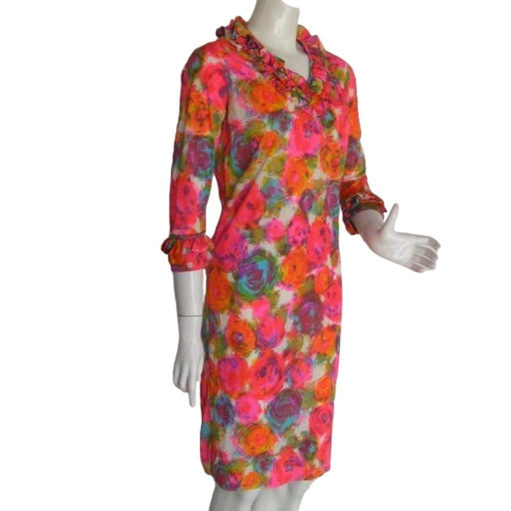 60's Vintage Dress, XS/S, Bright color, Ruffle neck/Cuffs, Abstract Floral - Picture 2 of 10